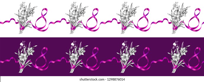 Set with horizontal seamless borders for create March 8th holiday banner. Hand drawn spring flowers Narcissus and satin ribbon as symbol eight. Сonceptual greeting design for packaging, wrapping paper