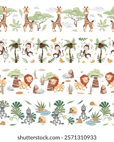 Set of Horizontal seamless borders with cute animals. Vector repeating illustration of African animals for kids wallpaper, tape, fabric etc.