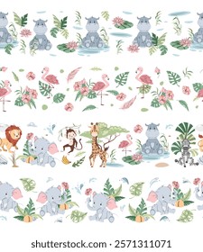 Set of Horizontal seamless borders with cute animals. Vector repeating illustration of African animals for kids wallpaper, tape, fabric etc.