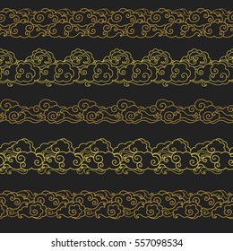 Set of horizontal seamless borders in oriental style. Vector hand drawn illustration