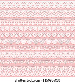 Set of horizontal seamless borders for wedding design. White lace silhouette isolated on pink background. Suitable for laser cutting. Vector illustration.