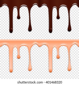 Set of horizontal seamless drip glaze. Chocolate and pink smudges isolated on white background. Vector illustration.