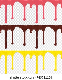 Set of horizontal seamless drip glaze. Chocolate, pink and yellow isolated on transparent background. Vector eps10