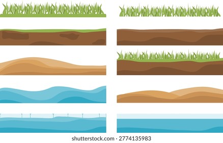 Set of horizontal seamless landscape border elements including grass, soil, sand, and blue water waves.