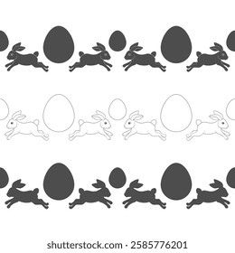 Set of horizontal seamless patterns with Easter bunny and eggs. Isolated vector objects on white background.