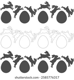 Set of horizontal seamless patterns with Easter bunny and eggs. Isolated vector objects on white background.