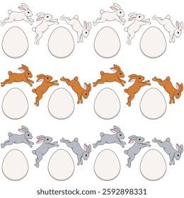 Set of horizontal seamless patterns with Easter bunny and eggs. Isolated vector objects on white background.
