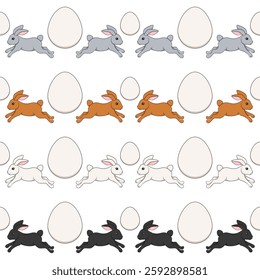 Set of horizontal seamless patterns with Easter bunny and eggs. Isolated vector objects on white background.
