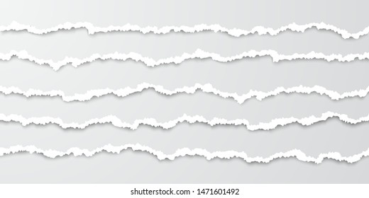 Set of horizontal seamless torn paper stripes. Paper texture with damaged edge. Tear paper borders. Vector illustration