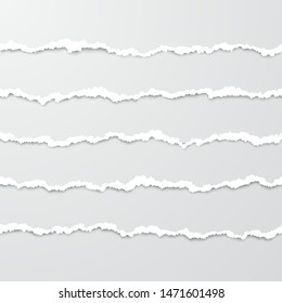 Set of horizontal seamless torn paper stripes with shadow. Paper texture with damaged edge. Tear paper borders. Vector illustration