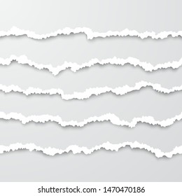 Set of horizontal seamless torn white paper wisps with soft shadow. Damaged cardboard borders. Vector illustration