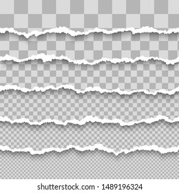 Set of horizontal seamless torn white paper with shadow. Ripped stripes of paper. Damaged cardboard borders. Vector illustration isolated on transparent background