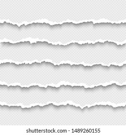 Set of horizontal seamless torn white paper with shadow. Damaged cardboard borders. Ripped stripes of paper. Vector illustration isolated on transparent background