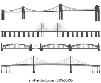 Set of horizontal silhouettes of various types of bridges.
