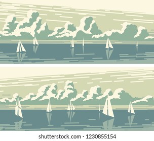 Set of horizontal simple banners with many different sailboats and cumulus clouds over horizon.