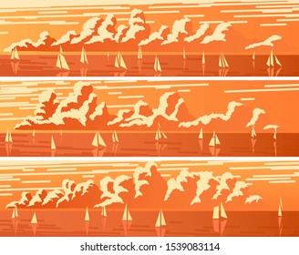 Set of horizontal simple banners with many different sailboats and cumulus clouds over horizon at sunset.
