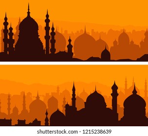 Set of horizontal simple banners of Middle eastern city with temples at sunset.