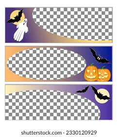 Set of horizontal simple wide banners in Halloween style with holiday attributes - bats, pumpkin lanterns and ghosts. Layout, mockup, template for sale and advertising with place for text, copy space