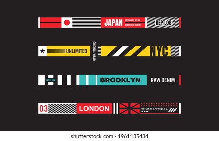 set of horizontal slogan lettering, graphic vector illustration, Japan, Brooklyn, New York and London themes, for t-shirts accessories, clothing, hoodies, etc
