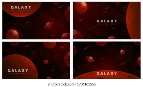 Set of horizontal space backgrounds with abstract shape and planets. Web design. Space exploring. Vector illustration of galaxy. Concept of web banner. Fantasy space backdrop for ui galaxy game.