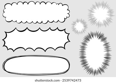 A set of horizontal speech bubbles that can be used for titles. Simple black and white speech bubbles, such as a manga-style sea urchin speech bubble, are easy to use for promotional designs.