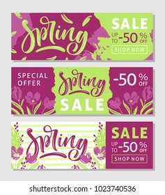 Set of horizontal spring banners. Calligraphic hand written text and flowers.