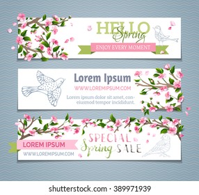 Set of horizontal spring banners. Pink cherry flowers, leaves and bird contours on tree branches. Hello spring! Special spring sale. There is place for your text on white background.