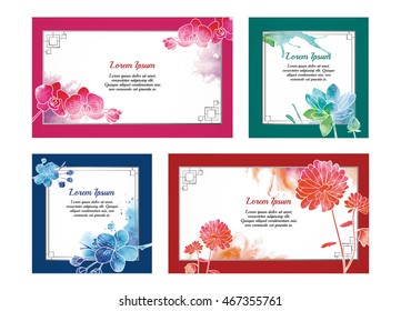 Set of Horizontal & Square Oriental Decorative Four Seasons Watercolor Flower Vector Templates