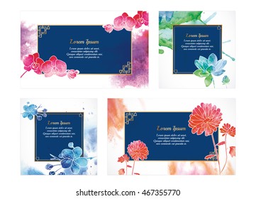 Set of Horizontal & Square Oriental Decorative Four Seasons Watercolor Flower Vector Templates