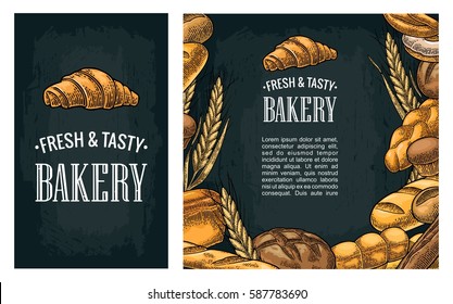 Set horizontal and square and posters with bread. Isolated on the dark background. Vector color hand drawn vintage engraving illustration for label and menu bakery shop.