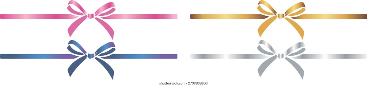 set of horizontal, straight, decorative ribbons with bows with various gradients, invitations, flyers or decorative frames