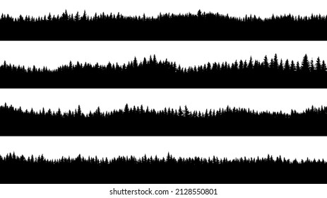 Conjunto de siluetas de rayas horizontales con bosque de coníferas (pino, abeto, cedro).