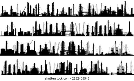 Set of horizontal stripe silhouettes with industrial part of city with factories, refineries and power plants.