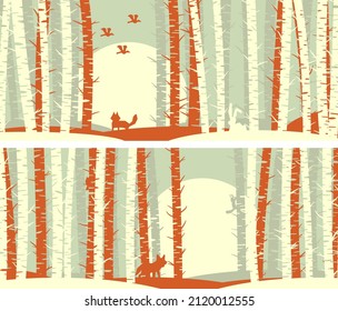 Set of horizontal stylized forest banners with birch trunks, animals and space for text.