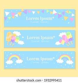 Set of horizontal summer banners. Bright neon color web banner collection: flag festive garland, fruit ice cream on clouds, cute rainbows with stars on blue background. Cute design for your projects.