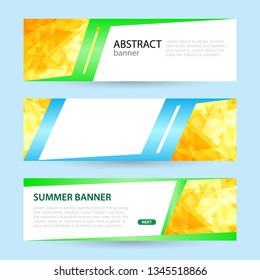 Set Horizontal summer web banner templates. Bright sun rays and triangles. Empty space under the text. Vector illustration.
