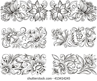 Conjunto de patrones florales simétricos horizontales. Ilustraciones vectoriales.