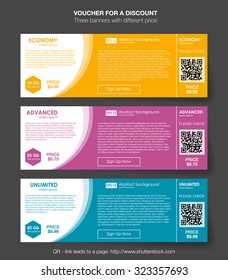 Set horizontal tariffs banners. interface for the site. ui ux vector banner for web app. Voucher pricing table, banner, order, box, button, list and bullet with plan for website in flat design