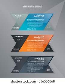 Set horizontal tariffs banners. interface for the site. ui ux vector banner for web app. Voucher pricing table, banner, order, box, button, list and bullet with plan for website in flat design