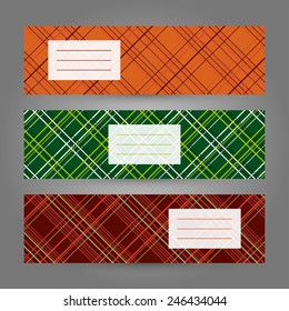 Set of Horizontal Tartan Banners. Abstract Geometric ornaments. Vector Illustration for print, flyer or leaflet. Simple design for invitation, postcard or poster.