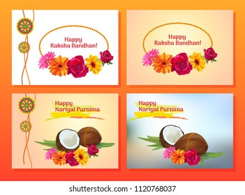 Set horizontal template cards for Raksha bandhan celebration, Nariyal Purnima Indian festival, Decorative Rakhi, coconuts, roses, daisy flowers on white and vintage background, vector illustration, A4