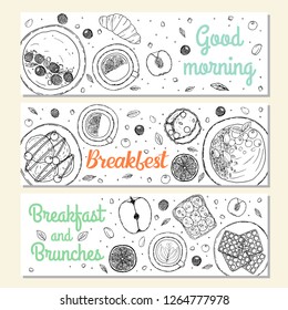 Set of horizontal templates. Breakfasts ingredient top view. Food elements collection. Hand drawn vector illustration. Banners, flyer with modern style lettering