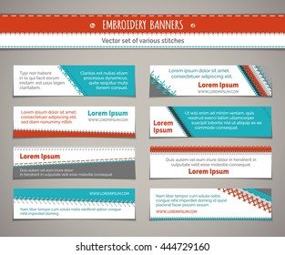 Set of horizontal textile banners. Vector high detailed embroidery stitches on white background. There is place for your text.