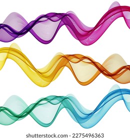 Conjunto de ondas de color transparentes horizontales sobre fondo blanco, color púrpura, azul, verde, naranja y rosa de las líneas onduladas