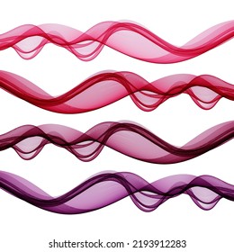 Set of horizontal transparent waves on a white background, purple, lilac, pink waves