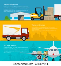 Set of Horizontal Transportation Services and Storage Banners, Warehouse ,Transport and Air Cargo Services, Air and Land Freight, Cargo Delivery, Vector Illustration 