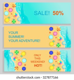 Set of Horizontal travel Agency summer Banners with seaside and starfish. Vector illustration, web design template