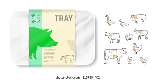 Set of horizontal tray container with animal icons. Vector illustration isolated on white background. Layered template file easy to use for your design, promo, adv. EPS10