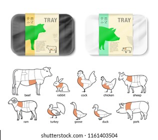 Set of horizontal tray container with animal icons. Vector illustration isolated on white background. Layered template file easy to use for your design, promo, adv. EPS10