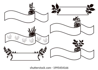 Set of horizontal twisted ribbon banners with silhouettes of bouquets of flowers and leaves